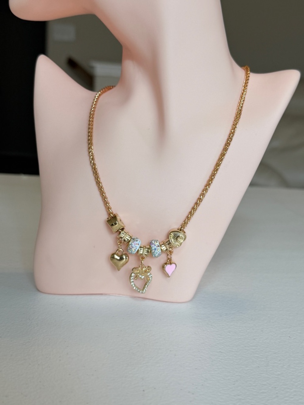 Gold-Tone Heart Charm Necklace with Pink Accent Beads - Picture 4 of 8